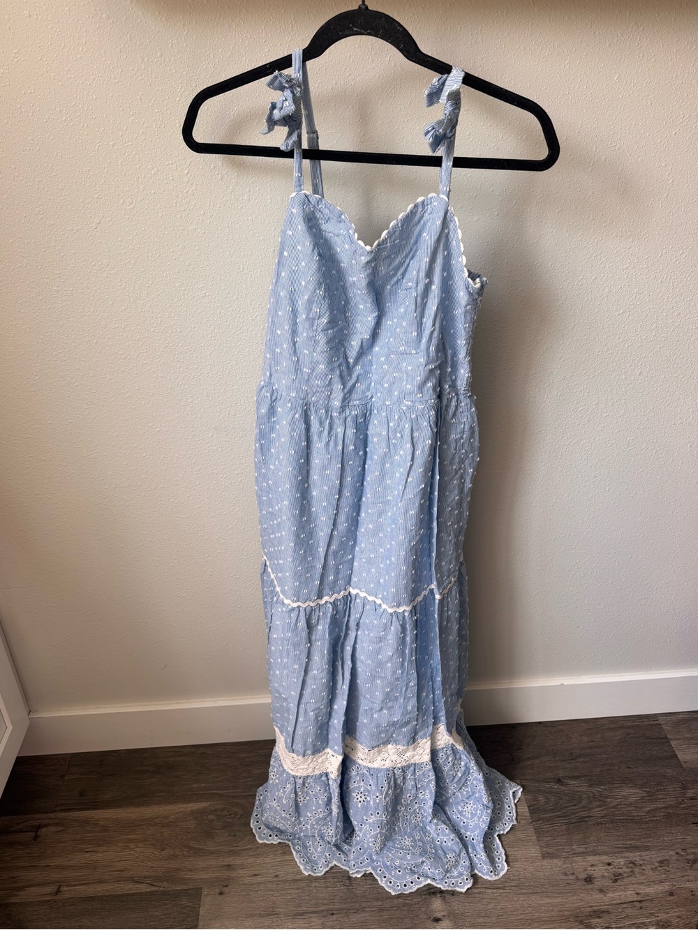 Shabby Chic Light Blue Eyelet Tiered Sundress with Lace Trim